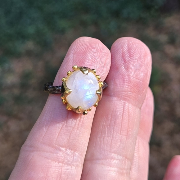 Moonstone 8k Sterling Gold & Rhodium Ring Sz8 - Picture 13 of 16